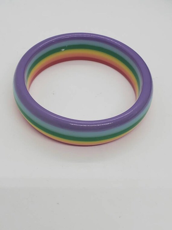 Vintage Rainbow Striped Plastic Layered Bangle Br… - image 4