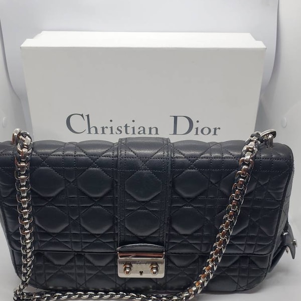 Christian Dior 1990's Miss Promenade Black Lambskin Leather Purse With Silver Tone & Leather Strap VERY RARE SIZE Medium With Original Box