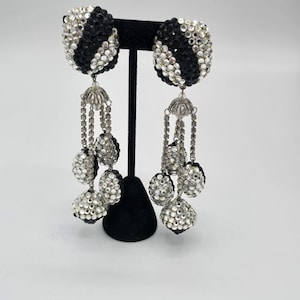Bergdorf Goodman Vintage 1980s Rhinestone And Black Jet Crystal Clip On Earrings