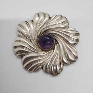Los Castillo Taxco Smethyst cabochon And Sterling Silver Brooch VERY HEAVY RARE