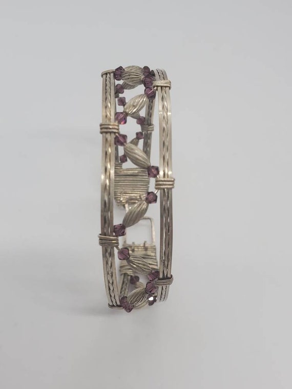 Vintage Sterling Silver And Amethyst Bead Hinged … - image 3