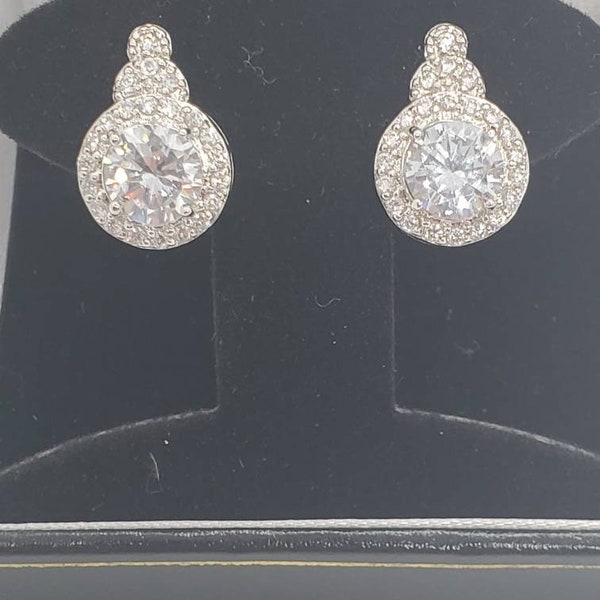 Simply Stunning Sterling Silver And 9mm Cubic Zirconia Surrounded By Cubic Zirconia Halo Teardrop Shaped Earrings