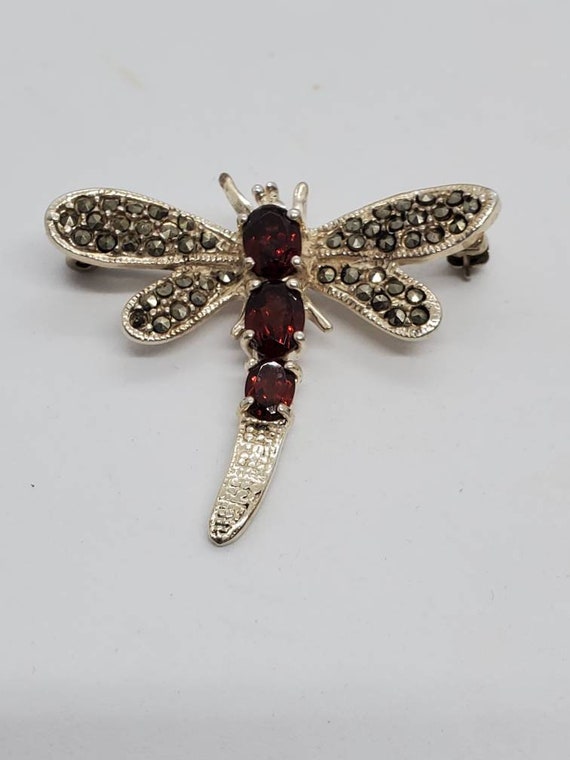 Garnet Marcasite And Sterling Silver Dragonfly Bro
