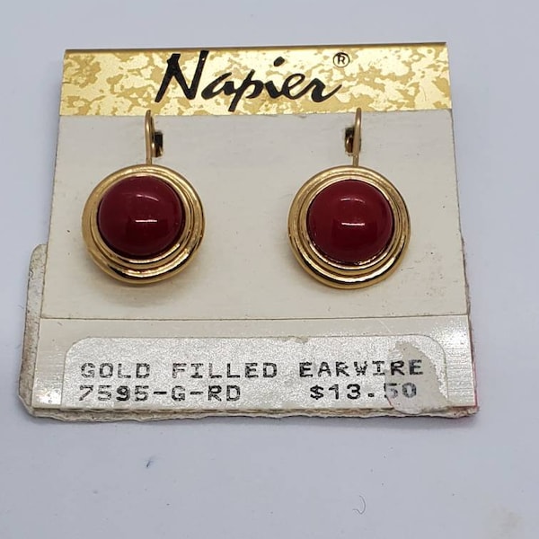 Napier 1990s Gold Tone And Red Enamel Gold Filled French Hoop Earrings With Original Packaging