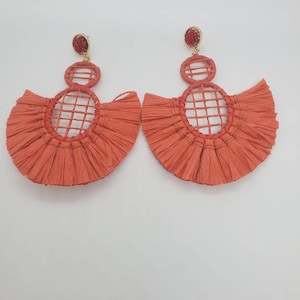 Boho Chic Red Orange Freesia Raffia Tassel Earrings