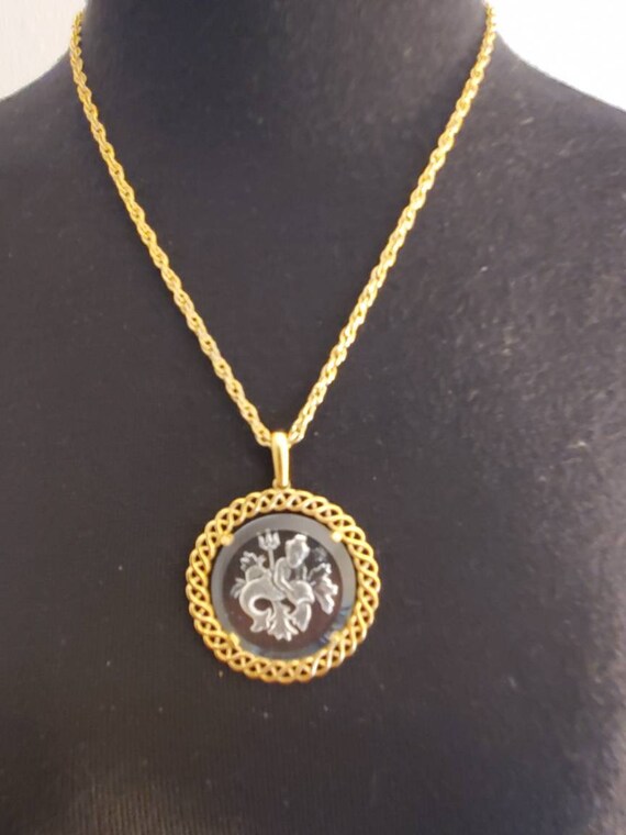 Crown Trifari Gold Tone Neptune Intaglio Pisces Mermaid Merman Glass Pendant Necklace Signed View 3