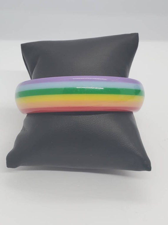 Vintage Rainbow Striped Plastic Layered Bangle Br… - image 3