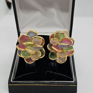 Swarovski Cluster AB Clip Earrings Pink Green And Blue Signed VERY RARE
