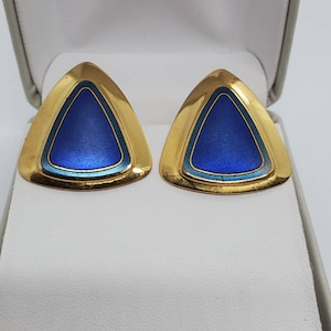 Vintage Laurel Burch Blue Enamel Gold Tone Triangle Clip On Earrings