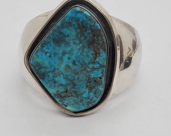 Very Heavy Navajo 1940s Large Turquoise And Sterling Silver Cuff Bracelet Signed Stev E.B.