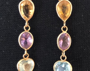 14 Karat Yellow Gold Citrine Amethyst And Topaz Earrings 1980s