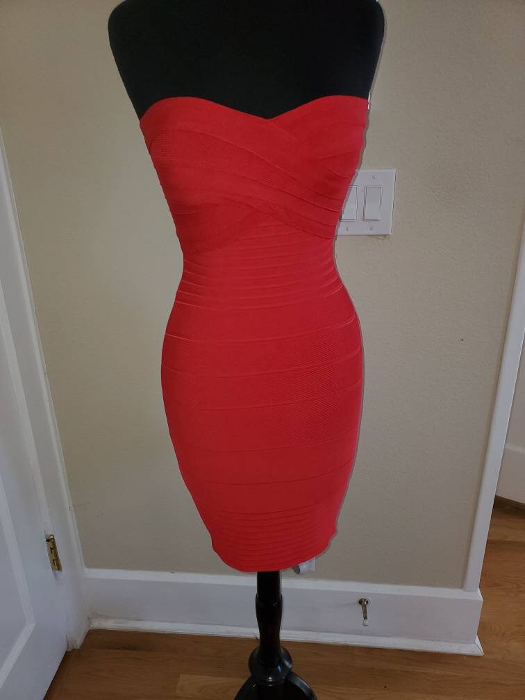 strapless open back dress Bright Red Long Sleeves V-Neck High Slit Formal Dresses , CP0034 US0 / As Pic
