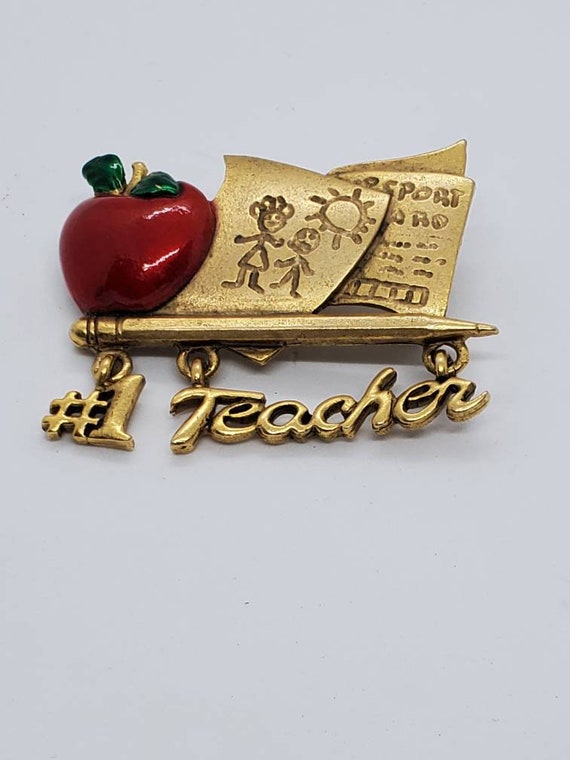 AJC Number 1 Teacher Gold Tone Brooch Featuring Re