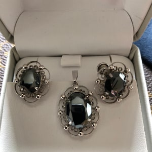 Sorrento Italian Designer Signed Sterling Silver and Hematite Earrings and Pendant