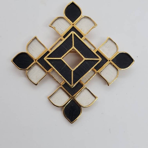 Napier 1960s Black White and Gold Tone Brooch Pendant Signed