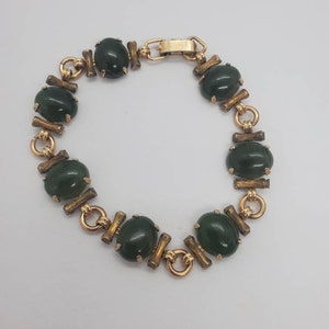 Krementz Gold Tone And Jade Cabochons Bracelet Signed