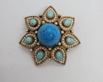 Kenneth Jay Lane KJL Faux Turquoise And  Faux Pearl Gold Tone Brooch VERY RARE 1960S