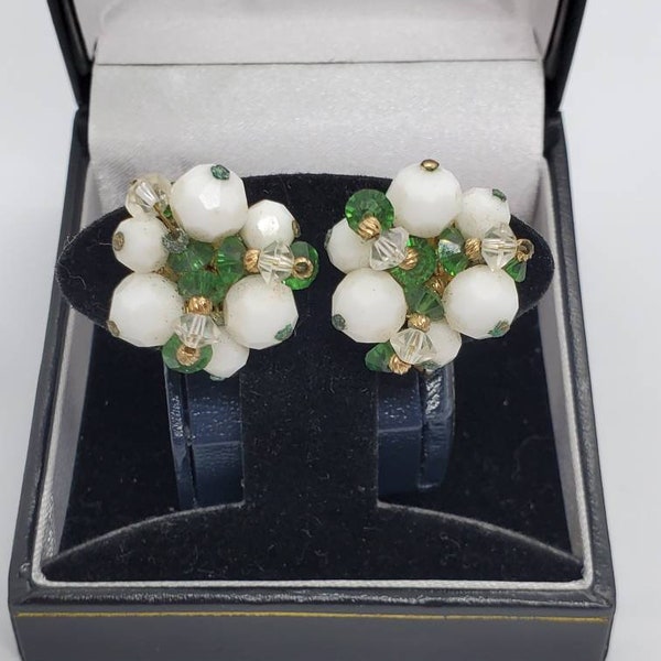 Vendome Milkglass And Green Crystal Bead Clip On Earrings Signed  VERY RARE