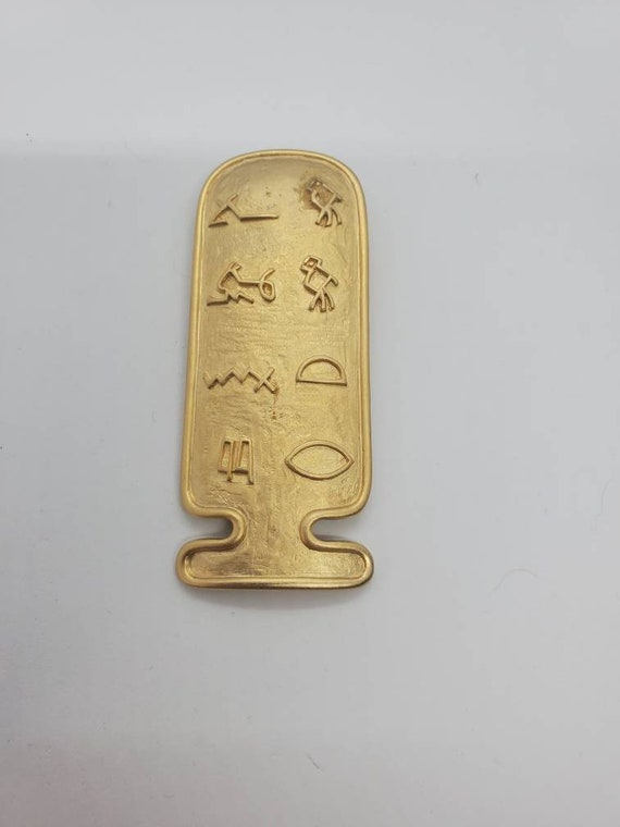 Egyptian Revival Heiroglyphics Gold Tone Brooch Pe