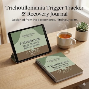 May include: A tablet and a spiral-bound notebook both displaying the title Trichotillomania Trigger Tracker & Recovery Journal with a root graphic. The cover features sage green and brown colors with the CalmRoot Atelier logo and text.