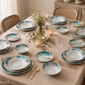 Porcelain Dinnerware Set for 6, Blue Beige Modern Tableware