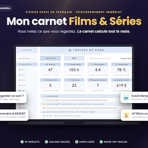Op de afbeelding: Een digitaal dashboard voor het bijhouden van films en series op een laptopscherm. De interface toont statistieken zoals 47 bekeken films, 103 uur kijktijd en een doelbereik van 78%, met Franstalige tekstlabels in de gehele lay-out.