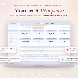 Könnte beinhalten: Eine digitale Dashboard-Oberfläche mit dem Titel Mon carnet Ménopause auf einem Laptop-Bildschirm. Das Layout enthält Bereiche zur Verfolgung täglicher Symptome, Schlaf und medizinischer Termine mit numerischen Daten und französischen Beschriftungen.