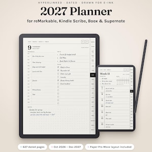 2027 reMarkable Planner, Paper Pro Move & reMarkable 2, Kindle Scribe, Boox, Supernote, Hyperlinked Digital Planner, Dated Daily Weekly