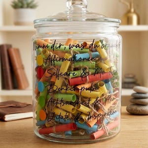 Könnte beinhalten: Ein durchsichtiges Glas mit Deckel, gefüllt mit bunten Papierrollen, die mit Bindfaden zusammengebunden sind. Auf dem Glas steht in schwarzer Schrift: "Nimme dir, was du brauchst, Affirmationen, Selfcare & Me-Time, Denkimpulse, Achtsamkeit & Atem, Zitate & Inspiration."
