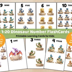 Puede incluir: Un conjunto de tarjetas educativas imprimibles de números del 1 al 20 con ilustraciones de dinosaurios bebés saliendo de sus huevos. Cada tarjeta muestra un número, su nombre escrito y la cantidad correspondiente. Disponible en tamaños A4 y US Letter.