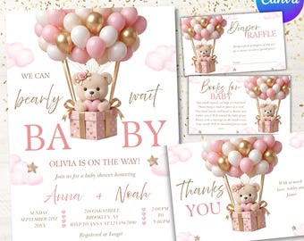 Baby Shower Invitation Bundle, Editable Canva Template, Baby Shower Invite, Evite, Diaper Raffle, Books for Baby, Thank You Card