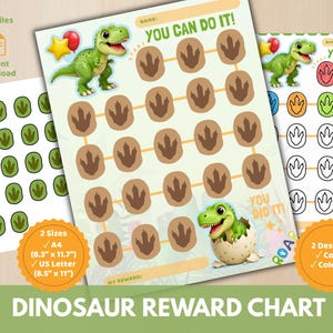 Puede incluir: Una tabla de recompensas de dinosaurios imprimible con un T-Rex verde, una estrella amarilla y un globo rojo. La tabla incluye huellas de dinosaurio marrones, el texto YOU CAN DO IT y un bebé dinosaurio saliendo de un huevo. Tamaños A4 y US Letter.