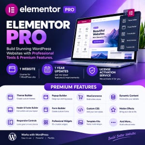 Elementor Pro-licens | 1 webbplats, 1 års uppdateringar (aktiveringstjänst)