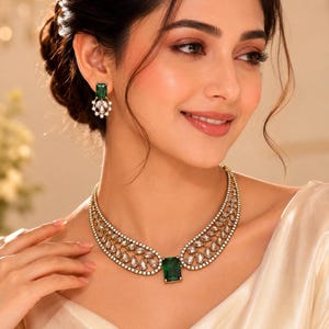 Conjunto de collar Kundan verde esmeralda, joyería nupcial india, gargantilla dorada llamativa, collar de boda con pendientes, regalo para ella.