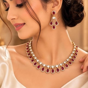 Parure collier ras-de-cou Kundan Polki rouge rubis, bijoux de mariée indiens, collier et boucles d'oreilles assortis, cadeau d'exception pour elle