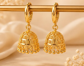 Gold Plated Jhumka Hoop Earrings, Cute Mini Jhumka Earrings, Indian Dangle Earrings, Ethnic Bridal Earrings, Gift For Her