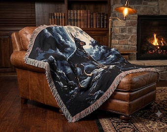 Doberman under Full Moon Woven Blanket | Night Sky Dog Tapestry Throw