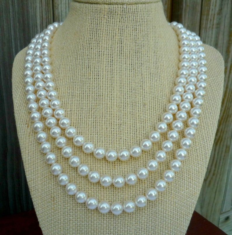 Three Strand Pearl Necklace 17 19 21 Inches 8 Mm Triple Etsy