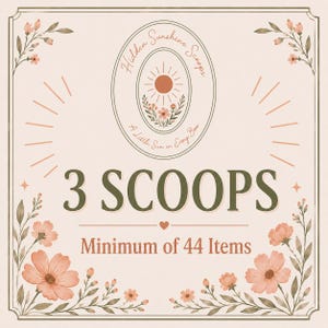 May include: A square graphic with a light beige background featuring a central oval logo with a sun and flower illustration. The text reads Hidden Sunshine Scoops, A Little Sun in Every Box, 3 SCOOPS, and Minimum of 44 Items. Floral vines frame the corners.