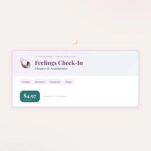 May include: A digital Feelings Check-In printable featuring a seashell icon, the text La Sirena Bruja - Gentle Parenting, Feelings Check-In, Chequeo de Sentimientos, and labels for 14 feelings, body check-in, intensity scale, and bilingual options.