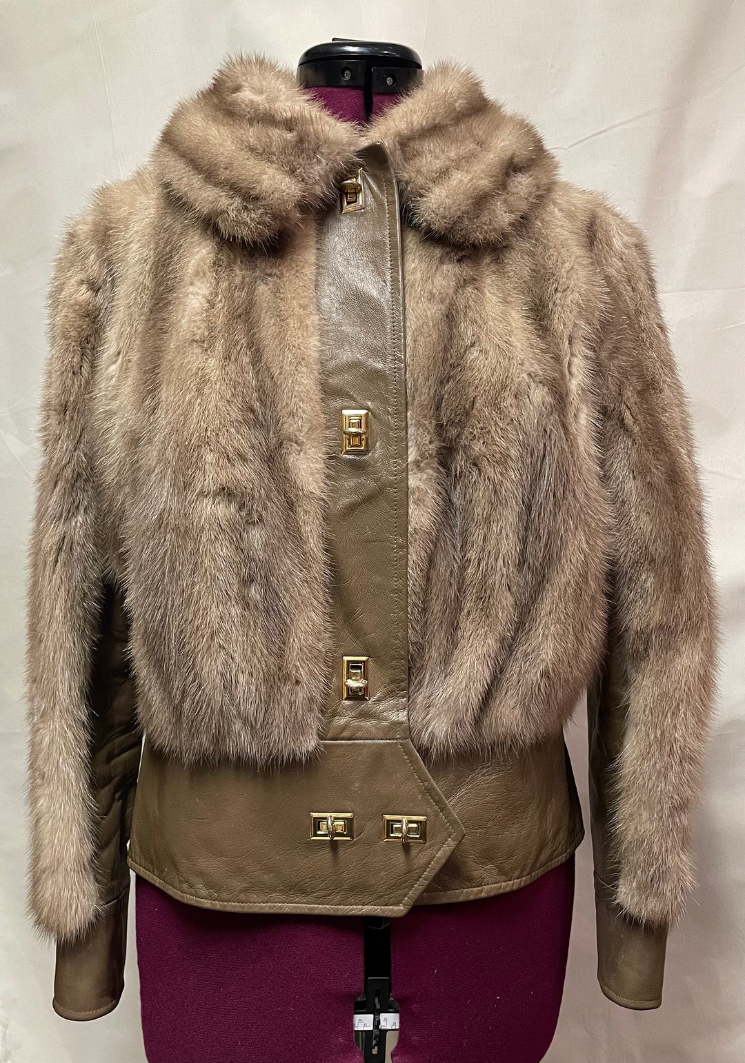 Vintage Mod Fur and Leather Bomber Jacket With Twist Lock Closures