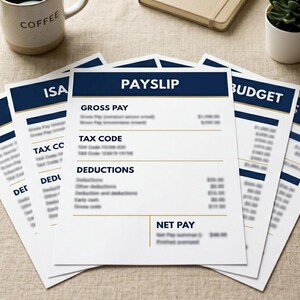 Può includere: Una pila di documenti finanziari stampati con un'intestazione blu scuro che riporta la parola PAYSLIP in caratteri bianchi. I documenti includono sezioni per salario lordo, codice fiscale, detrazioni e salario netto con dati sfocati.