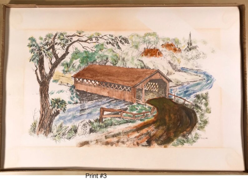 Vintage Hand Colored Covered Bridge Print #3