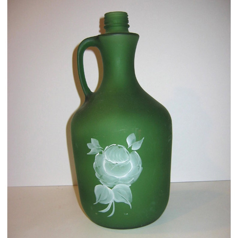 Vintage Hand Painted Satin Green Glass Jug With Floral Design Etsy