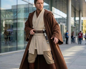 Jedi Master Obi Wan-cosplay | Volledig jedi-pak met bruine capuchonmantel, tuniek en Obi-sjerp | Op Star Wars geïnspireerd kostuum, Mandalorian vliegpak