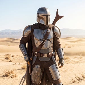 May include: A full-body suit of silver metallic armor worn over a brown textured garment, featuring a T-shaped visor helmet, shoulder pauldrons, gauntlets, and leg plating. A brown utility belt and a long brown cape are included in the ensemble.