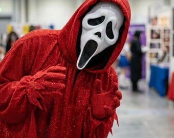Sprankelend spookgezicht rood kostuum | Crimson Shimmer Knit Scream Op film geïnspireerde set badjas en horrormasker