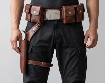 Cinturón utilitario de cuero hecho a mano, inspirado en Star Wars y el Mandaloriano, con detalles de tejido para hacha, funda y bolsillos.