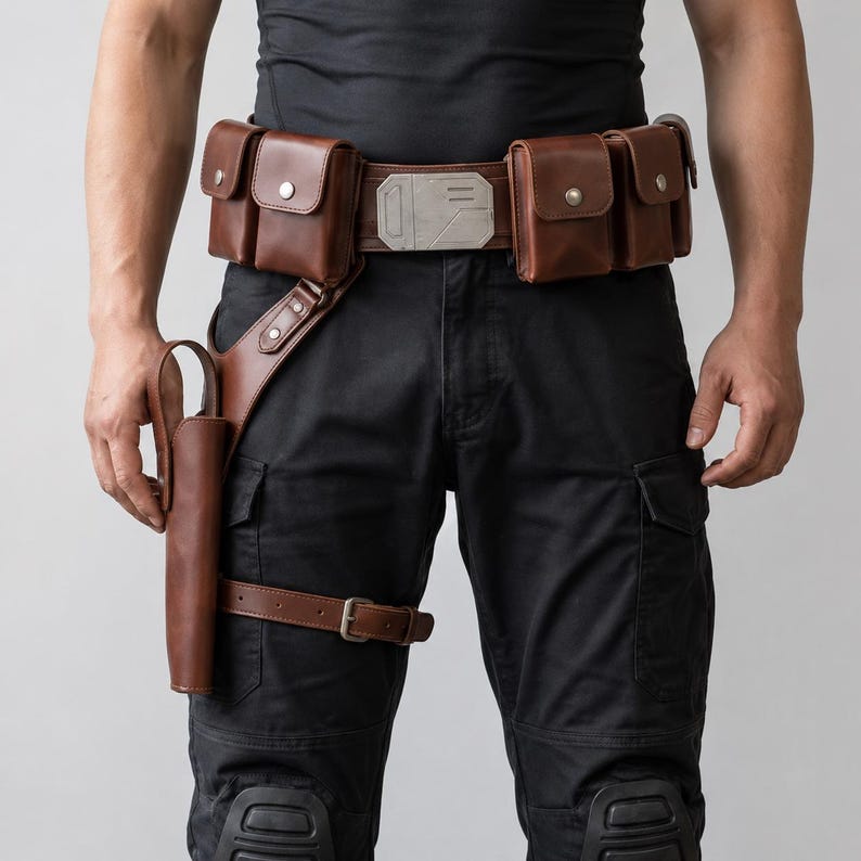 May include: A brown leather utility belt featuring four rectangular pouches with metallic snap closures, a central rectangular silver-toned buckle with engraved line details, and an attached drop-leg holster with a buckled thigh strap.