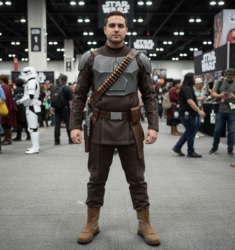 May include: A brown long-sleeved tunic and trousers set featuring a grey chest plate, shoulder pauldrons, a brown utility belt with a holster, and a bandolier with metallic cartridges. The outfit includes light brown boots and visible stitching.